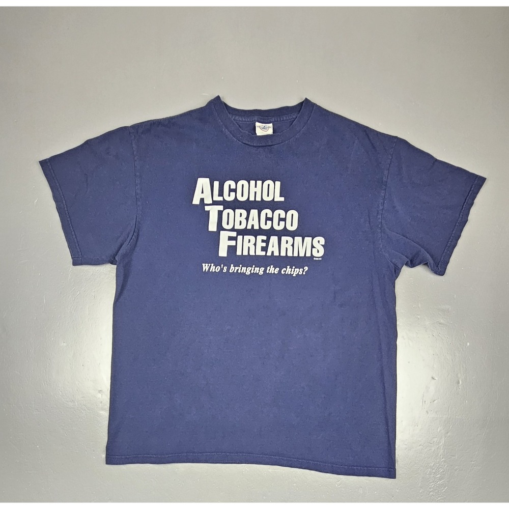 Y2K ATF Alcohol Tobacco Firearms T-Shirt Mens‎ XL. Blue Graphic Humor Joke Tee